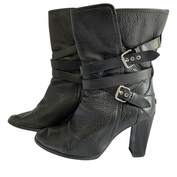 COACH ALEXANDRA BLACK CRACKED LEATHER HEELED STRAPPY BOOTS - 9B - Picture 1 of 8